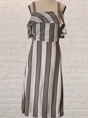 MICHEL Studio Collection cotton viscose blend gunny stripe off the shoulder midi